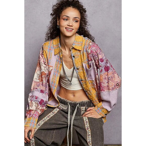 POL Printed Button Down Long Sleeve Exposed Seam Shirt - Picture 2 of 8